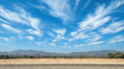 Poster -   A blue sky with a handful of clouds above a desert landscape featuring mountains in the background and trees up close