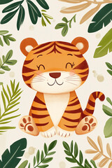 Wall Mural - Cute tiger wide leaf flat design baby room style