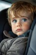 © sergio - A young child with big blue eyes looks out the window of a car. AI.