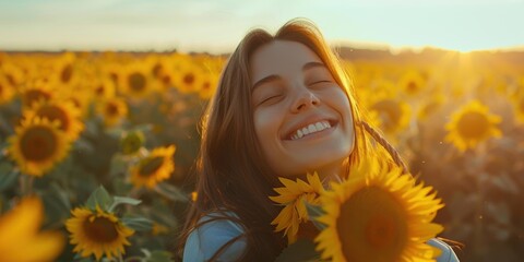 Poster - Smiling woman surrounded by sunflowers. AI.