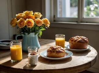 Wall Mural - A table setting with orange juice, bread, and flowers. AI.