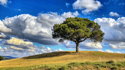 A single tree stands on a grassy hill under a clear blue sky and clouds natural background, solitude zen relax tree isolated various design