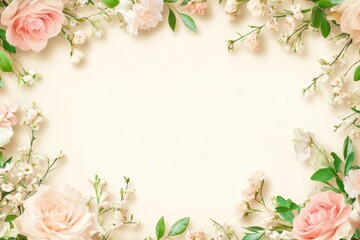 Elegant floral border with vibrant flowers lush greenery on light background. Ideal for decorative designs wedding invitations or romantic designs valentines day, mother's day, women's day