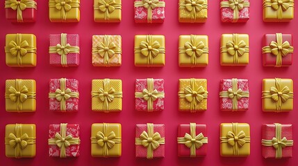 Poster -   A set of yellow and pink gift-wrapped presents on a pink backdrop, adorned with gold bows on every package