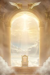 Wall Mural - Majestic golden throne of god in heaven in the sky surrounded  white clouds and divine sunlight. Second coming of Jesus Christ. Biblical scene. Christian religion concept