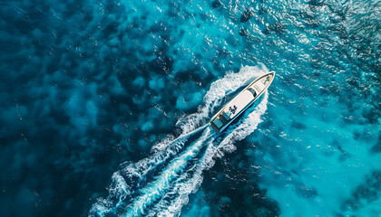 Poster - Aerial view of the speed boat in clear azure water on summer sunny day. Top drone view of fast floating yacht in ocean ocean