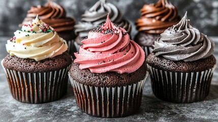 Poster -   A collection of cupcakes adorned with chocolate frosting and sprinkles on their summits