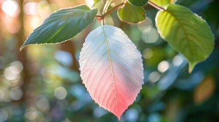 Wall Mural - white and pink leaf against greenery background with sunlight in garden