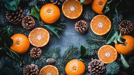 Poster -   A group of oranges rests atop a table beside pine cones and evergreen foliage