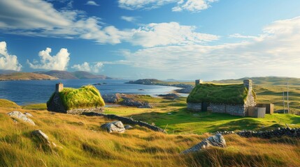 Scenic view of lewis and harris island at gearrannan blackhouse village, outer hebrides, scotland