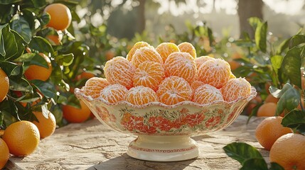 Poster -  A bowl holds oranges atop a table, beside orange branches on a tree