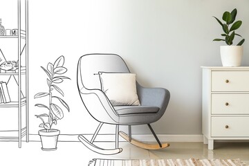 Poster - New interior of stylish living room with armchair and houseplants