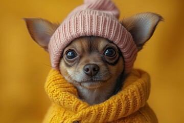 Wall Mural - Adorable Chihuahua Wearing a Pink Knit Hat and Yellow Sweater