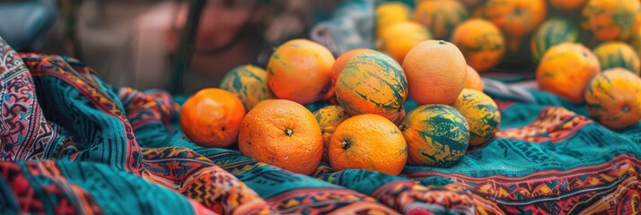 Canvas Print - Lively Market Stand Showcasing Freshly Picked Orange Fruits on Brightly Colored Fabric