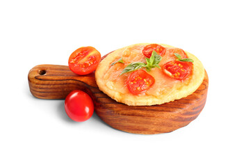 Wall Mural - Board with tasty mini pizza on white background