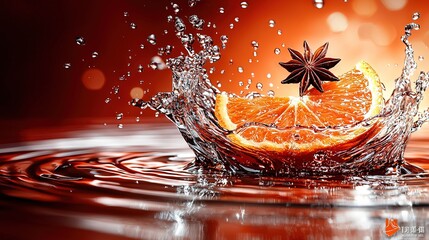 Wall Mural -   An orange is halved with a star on top and water splashes