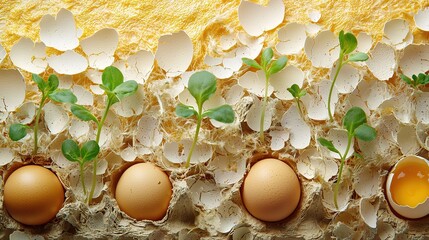 Wall Mural -   A collection of eggs perched on an egg carton beside a flourishing plant