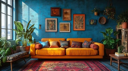 Modern eclectic colorful living room with tropical tree plant interior design image