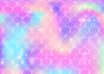 Wall Mural - Rainbow scales background with kawaii mermaid princess pattern. Fish tail banner with magic sparkles and stars. Sea fantasy invitation for girlie party. Neon backdrop with rainbow scales.