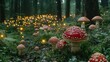 © Olga - A cluster of mushrooms under a canopy of trees illuminated by fairy lights