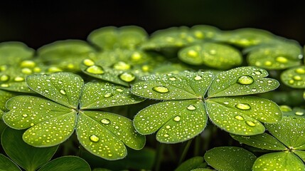 Wall Mural - four leaf clovers with water droplets in the center surrounded by four more