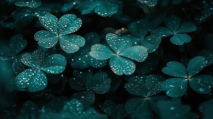 Wall Mural -   Four-leaf clovers in green light with water droplets