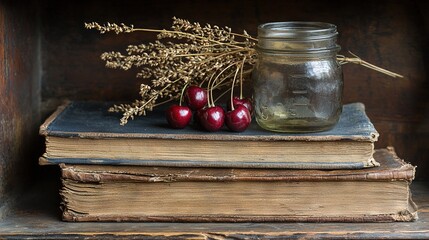 Poster -   A cherry-topped book rests atop a pile of books, with a jar perched beside it