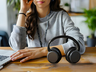 Wall Mural - An individual attentively listens to a virtual conference call, focused on the speaker's presentation.