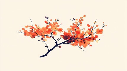 Poster -  Watercolor depiction of tree branch with orange-red foliage on white sky backdrop