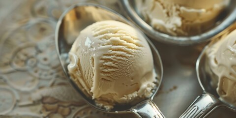 Poster - High angle view of two vintage metal ice cream scoops one filled with a scoop of vanilla