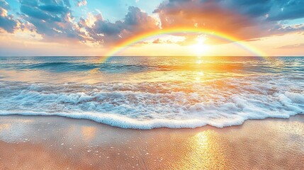   The sun sets over the ocean, casting a rainbow across the sky The waves crash against the beach