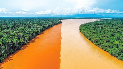 Poster -  River in jungle, trees in fg, blue sky in bg