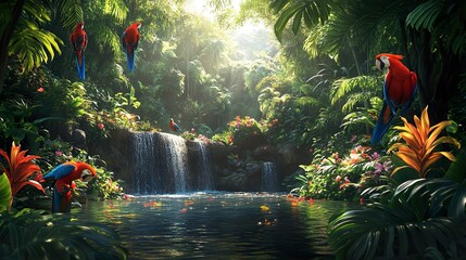 Wall Mural - Rainforest bursting with color and life, featuring exotic plants, colorful birds, and wildlife picture