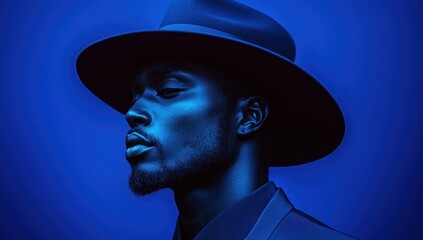 Wall Mural - Man in a Hat, Blue Light Portrait