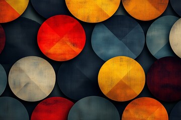 Colorful circular patterns create a vibrant abstract design with red, yellow, and blue shapes on a textured background