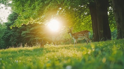 Poster -   A pair of deer grazing on a verdant meadow beside a dense forest forestry