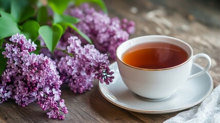 Wall Mural - A wooden table with a teapot and a cup of lilac tea. lilac branches in full bloom. Warm, healthful spring tea