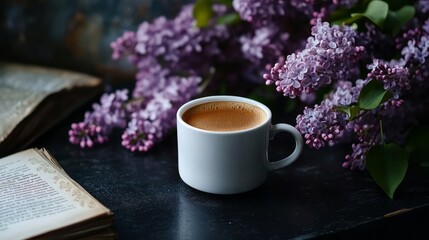 Wall Mural - An antique book and blossoming lilac branches sit next to a black table holding a white espresso cup.