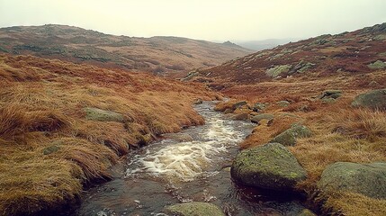 Poster -   A lush green hillside with tall grasses is dotted with hills covered in water as it flows