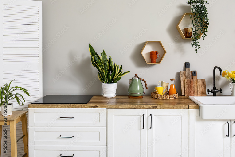 Interior of kitchen with white counter