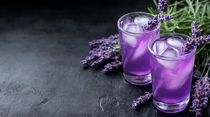 Wall Mural - A bouquet of lavender flowers, two lavender lemonades, and a copy space black table