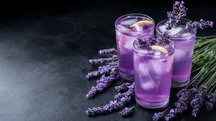 Wall Mural - A bouquet of lavender flowers, two lavender lemonades, and a copy space black table