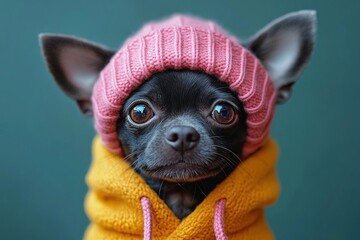 Wall Mural - Cute chihuahua dog wearing a pink knitted hat and yellow sweater