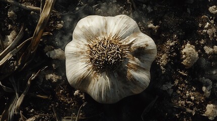 Wall Mural -   A macro shot of a mushroom resting atop soil with surrounding blades of grass