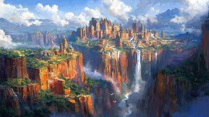 Poster -  A cityscape painting featuring a waterfall in the foreground, mid-ground, and background