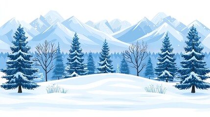 Wall Mural -   A snowy landscape with trees in the foreground and a mountain range in the background, covered in snow on the ground