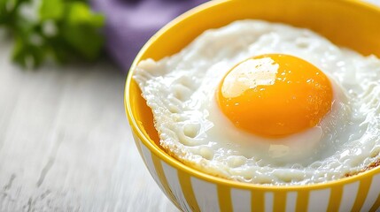 Wall Mural -   A yellow and white striped bowl holds a close-up of a fried egg on a white and purple tablecloth