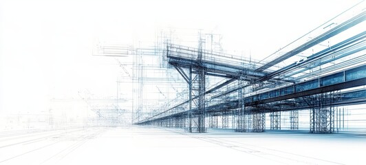 Double exposure illustration showing a steel infrastructure with an overlaid blueprint design