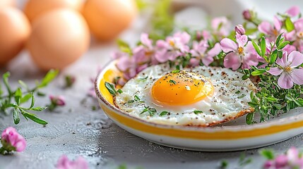 Wall Mural -   A plate with a fried egg and flowers in a bowl next to eggs on a table with eggs in the background