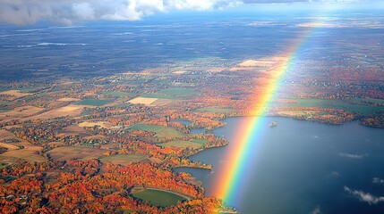 Wall Mural -   A stunning rainbow graces the sky above a vast expanse of water, framed by lush trees in the foreground and fluffy clouds in the background